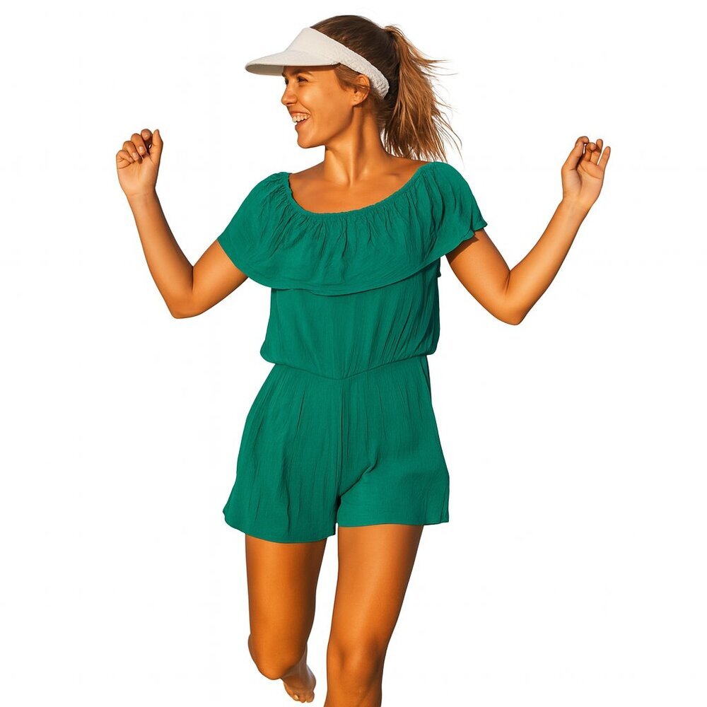 Blendshe Green Romper L NWT Crepe Fabric Short Sleeve Elastic Waist Pockets One-